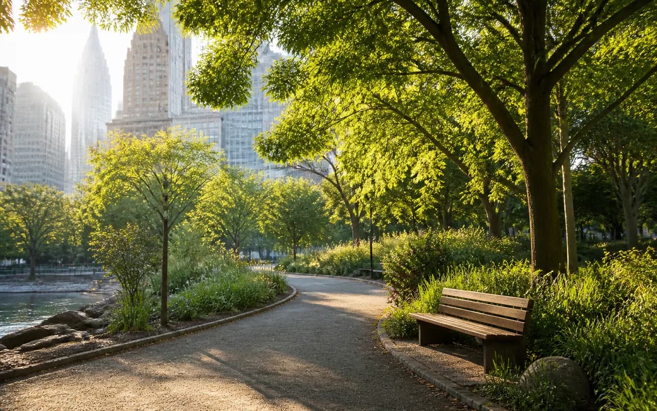 A sunlit tree-lined path and bench in a city park