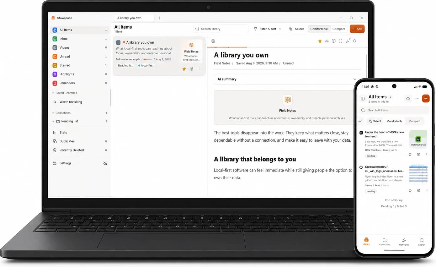 The same Stowspace reading library open on a Windows laptop and Android phone