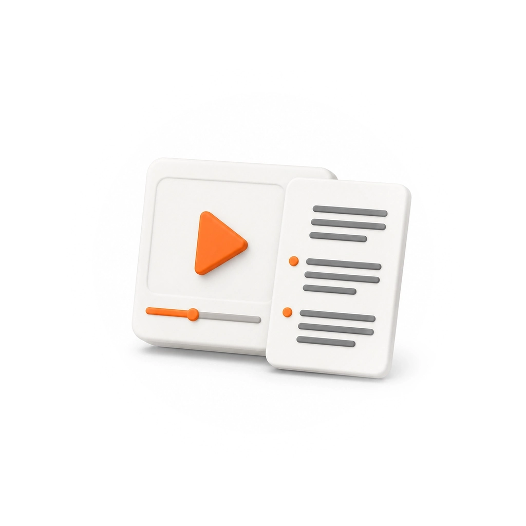 A video player beside a timestamped transcript