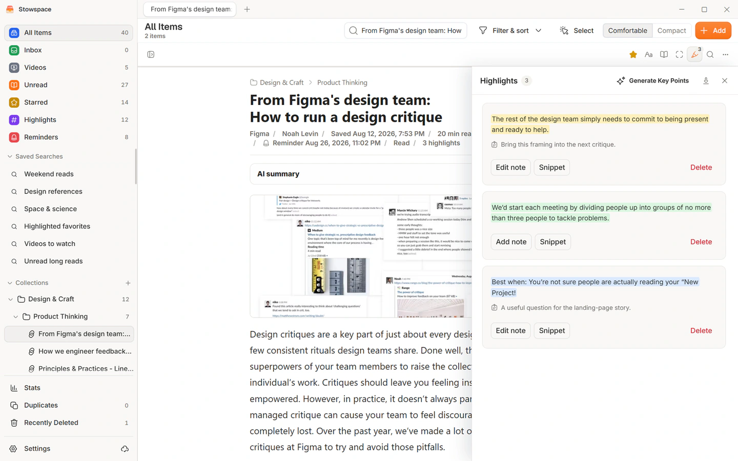 Saved highlights and source material in the Stowspace Windows library