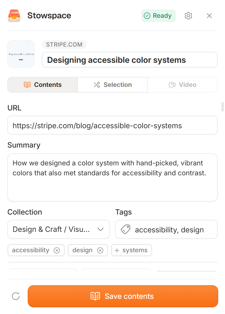 Stowspace browser extension ready to save Stripe's Designing accessible color systems article